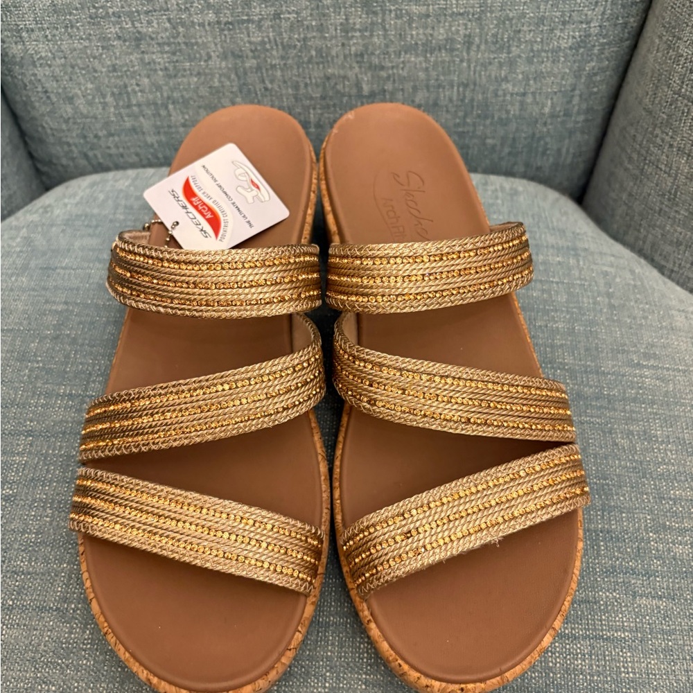 Skechers Women's Metallic Gold Triple-Strap Slide Sandals